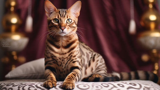 Bengal cat sitting on a bed, thick and exciting texture