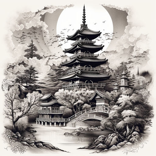 An illustration of Japanese pagoda in black and white realism, elaborate designs
