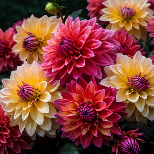 Buffered dahlias, dark yellow and light pink, elaborate
