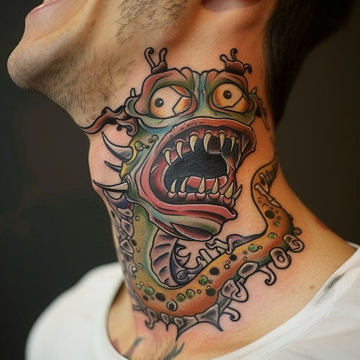 Throat tattoos with a cartoonish flair, in the style of Steve Sack