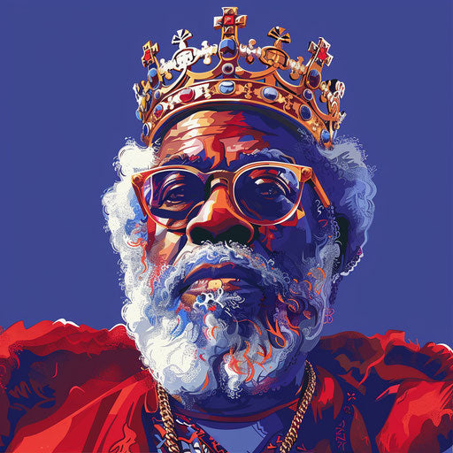 A photorealistic king clipart shines on a flat royal blue background