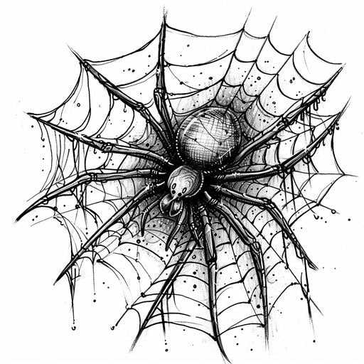 Intricate spider web tattoo with black widow in dark shades