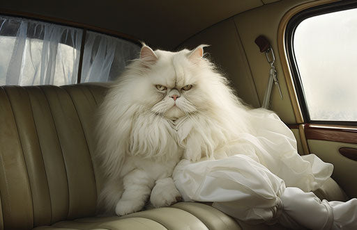 Persian cat sitting in a car, exaggerated facial style