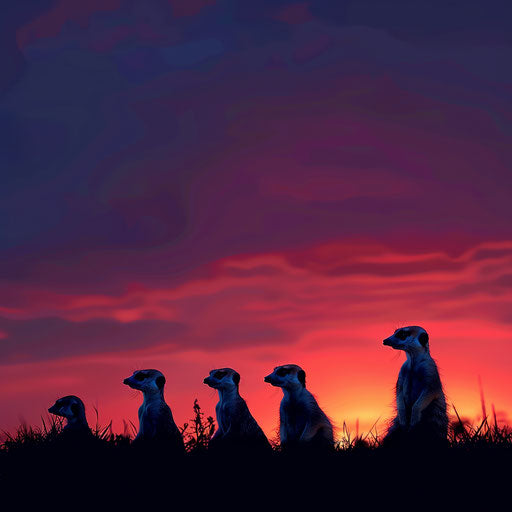 Meerkat at sunrise, silhouettes against a brightening sky, tranquil and calm