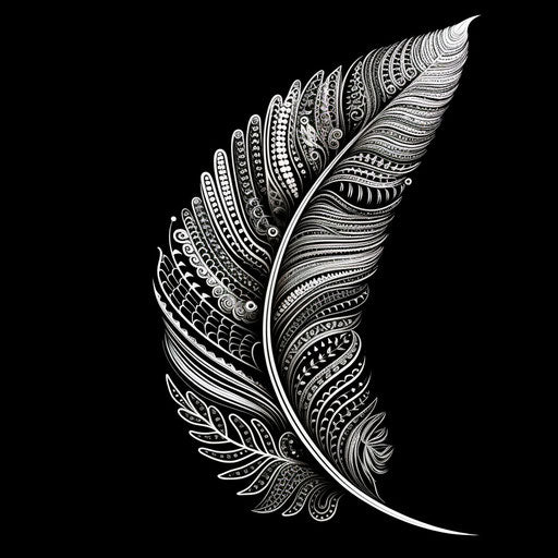 Black and white feather, playfully ornate design, symbolic elements