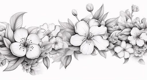 Black and white floral drawing, cherry blossom style, borders