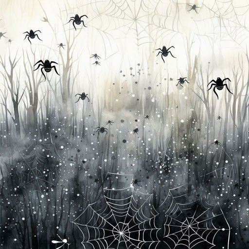 Black and white pattern with spiders in webs