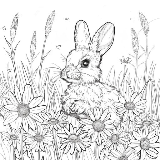 A cute bunny hopping through a field of daisies