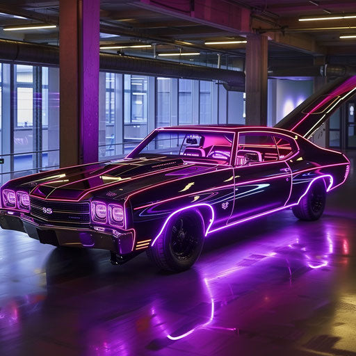 Retro-futuristic 1977 Chevelle with LED lighting and digital displays