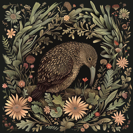 A kiwi bird surrounded by delicate forest flora