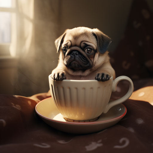Pug in the cup, contest winner style, beige, full body, innocent