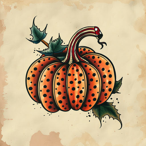 Vintage styled pumpkin tattoo sketch with polka dots and stripes
