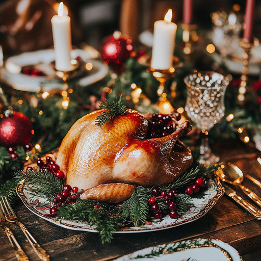 Christmas dinner with golden turkey and cranberry sauce