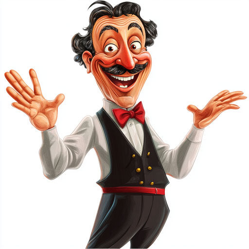 Humorous caricature of a waiter with human characteristics