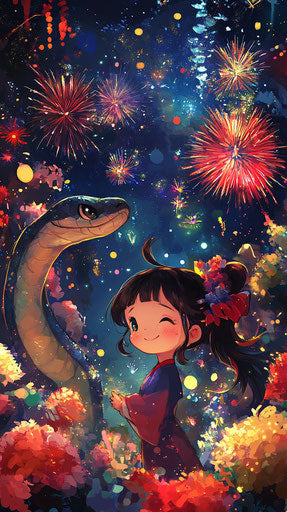 Snake and chibi girl, fireworks, cartoon characters