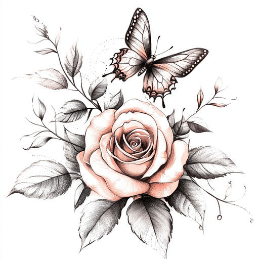 Tattoo sketch mother rose-butterfly on white background