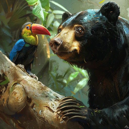 Curious sun bear gazing at colorful bird nearby