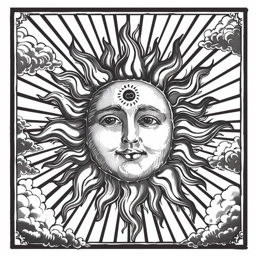 The sun in the sky, vintage graphic design style, elegant outlines