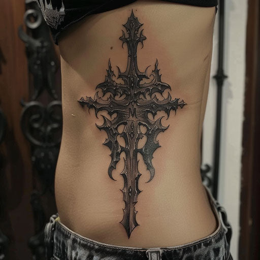 Gothic cross rib tattoos, Gerald Brom style, on the ribs