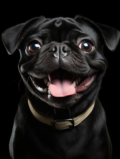 Black pug dog smiling at camera with a large black eye