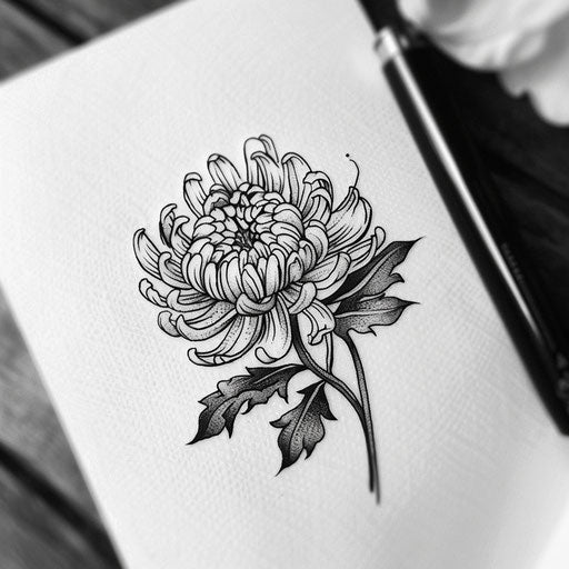 Graphic chrysanthemum tattoo on white canvas