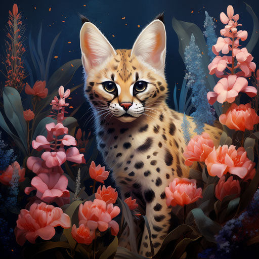 A serval cat in a flower bed with beautiful flowers