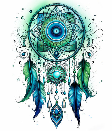 Dream catcher with tropical feathers, emerald and blue style