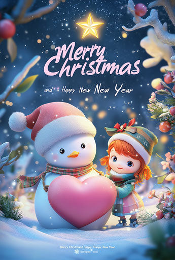 Pink heart-shaped snowman with smiling red-haired child