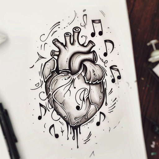 Flat tattoo sketch of a heart crying musical notes