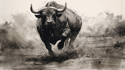 Illustration of a bull running in the field, expressive life drawing