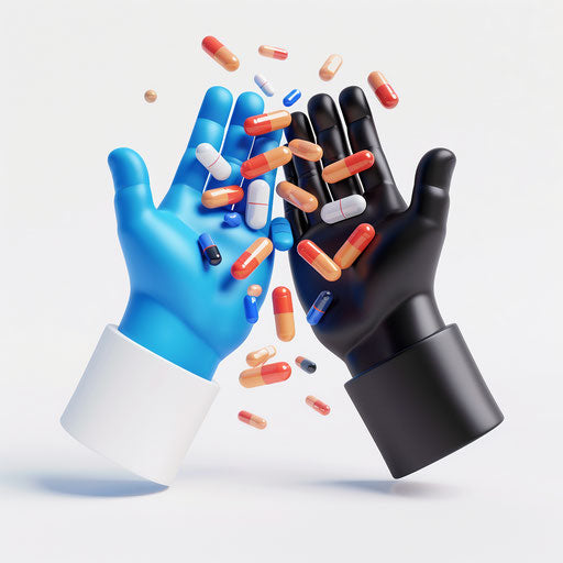3D icon of two hands doing high five with scattered pills