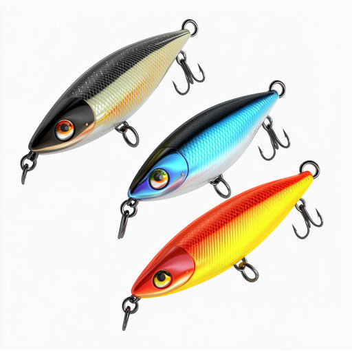 3D Fishing Lures on flat white background, isolated clipart