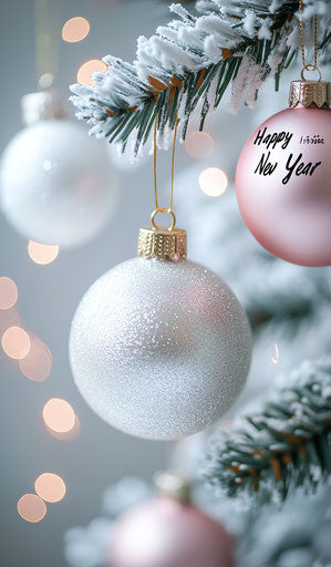 White and gold Christmas tree ornaments, pink, blurred background