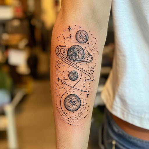 Cosmic galaxy with planets and stars on inner arm