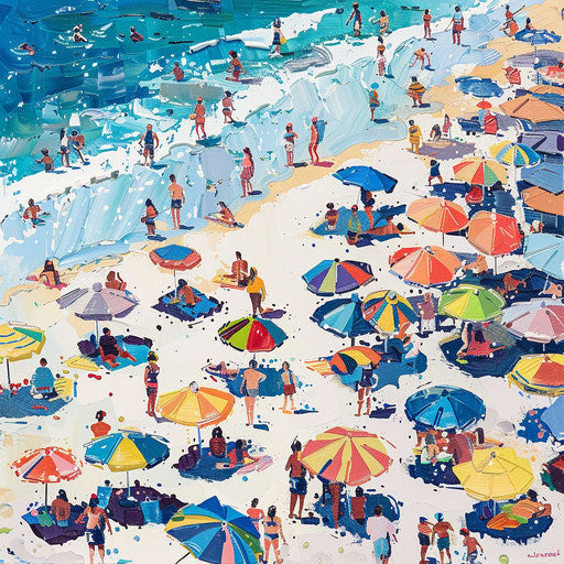 Beach scene at Bondi Beach, Australia with colorful umbrellas and lively crowds