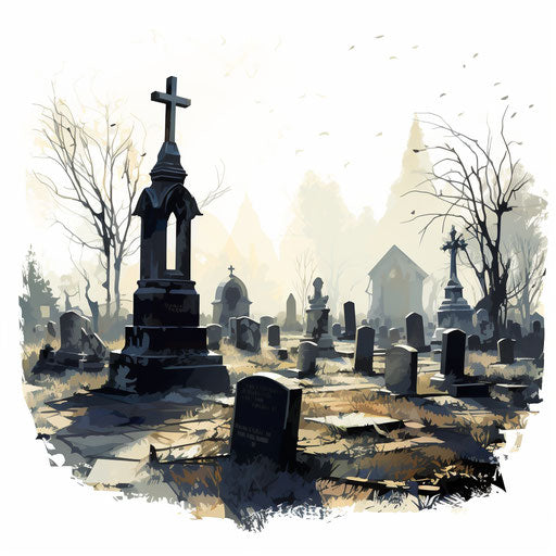 Graveyard clipart in the style of Oil painting, on a white background