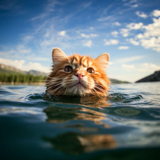 Ginger cat swimming in a lake by the shore