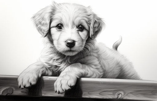 Puppy in black and white, engraved style, detailed character design
