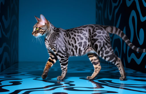 Bengal cat walking on a blue floor