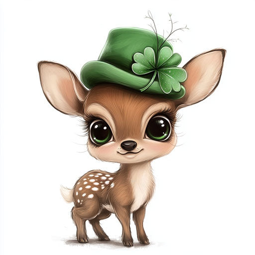 St. Patrick's Day cute baby deer with big eyes wearing a green hat, clipart on a white background