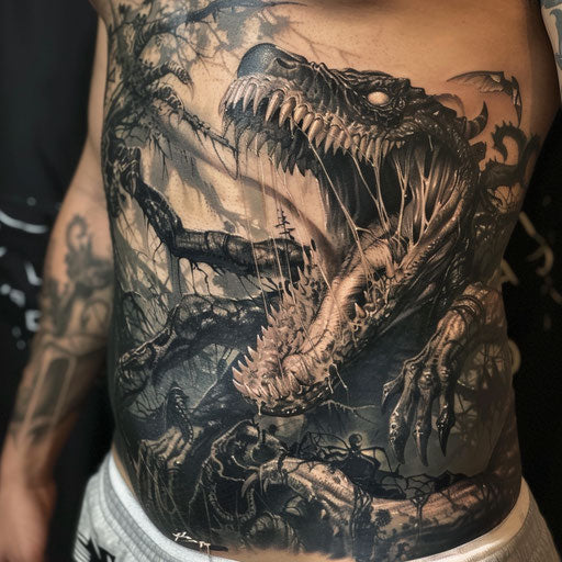 Cinematic stomach tattoos reminiscent of Steve McNiven