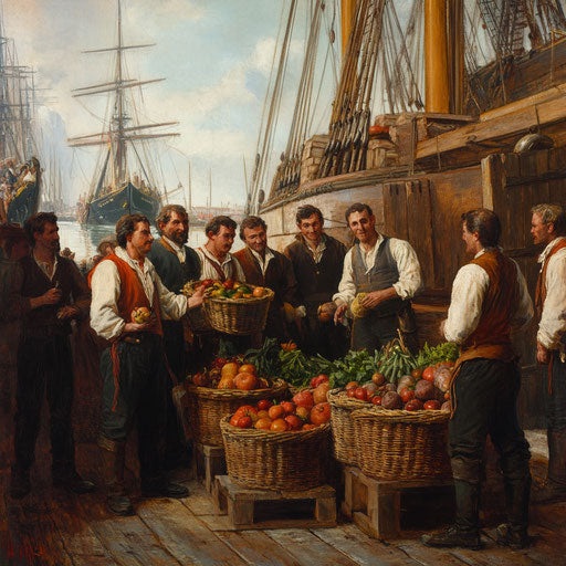 Knights of Nova Scotia in San Francisco offer fruits and vegetables to men on boats