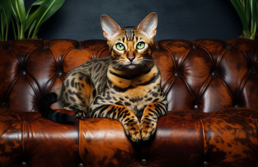 Bengal cat lounging on large leather couch