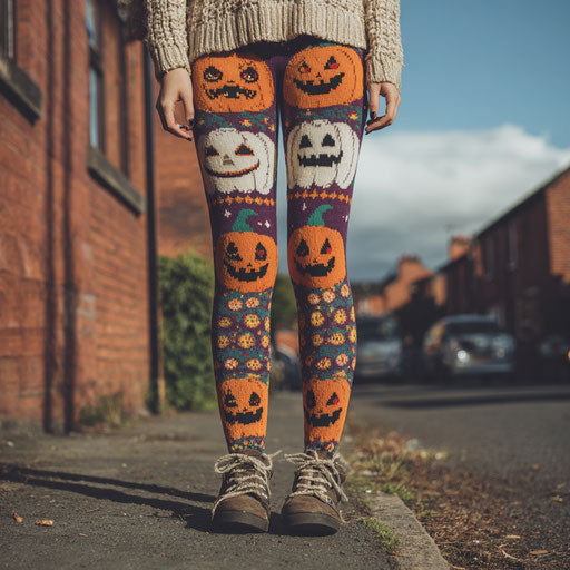 Person Outdoors Wearing Festive Halloween Leggings