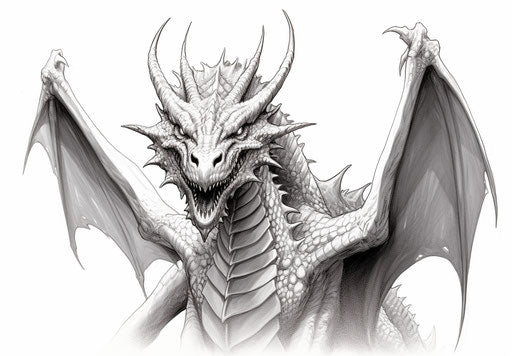 A drawing of a dragon in black and white, realistic yet stylized