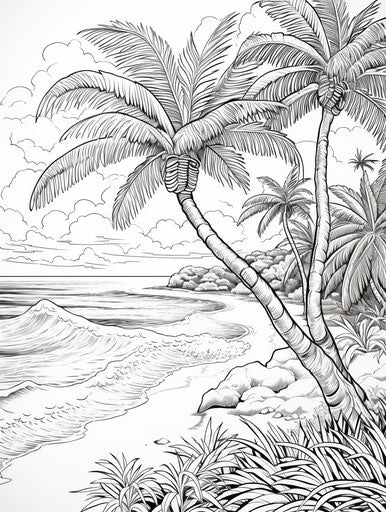 Coloring page of an island with a palm tree, lively seascape style