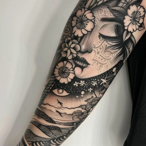 Depression tattoo with Japanese influences, in the style of Ami James