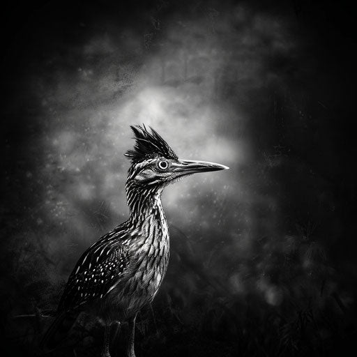 Speeding bird on the road in black and white