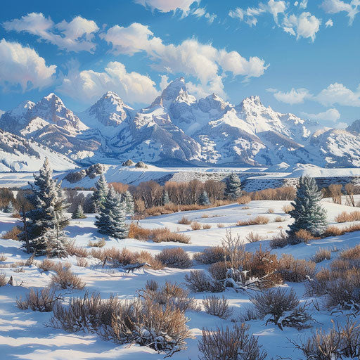 Teton Mountains in winter with a snowy landscape