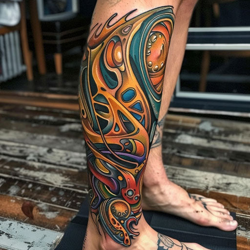 Abstract and colorful biomech leg tattoo for men